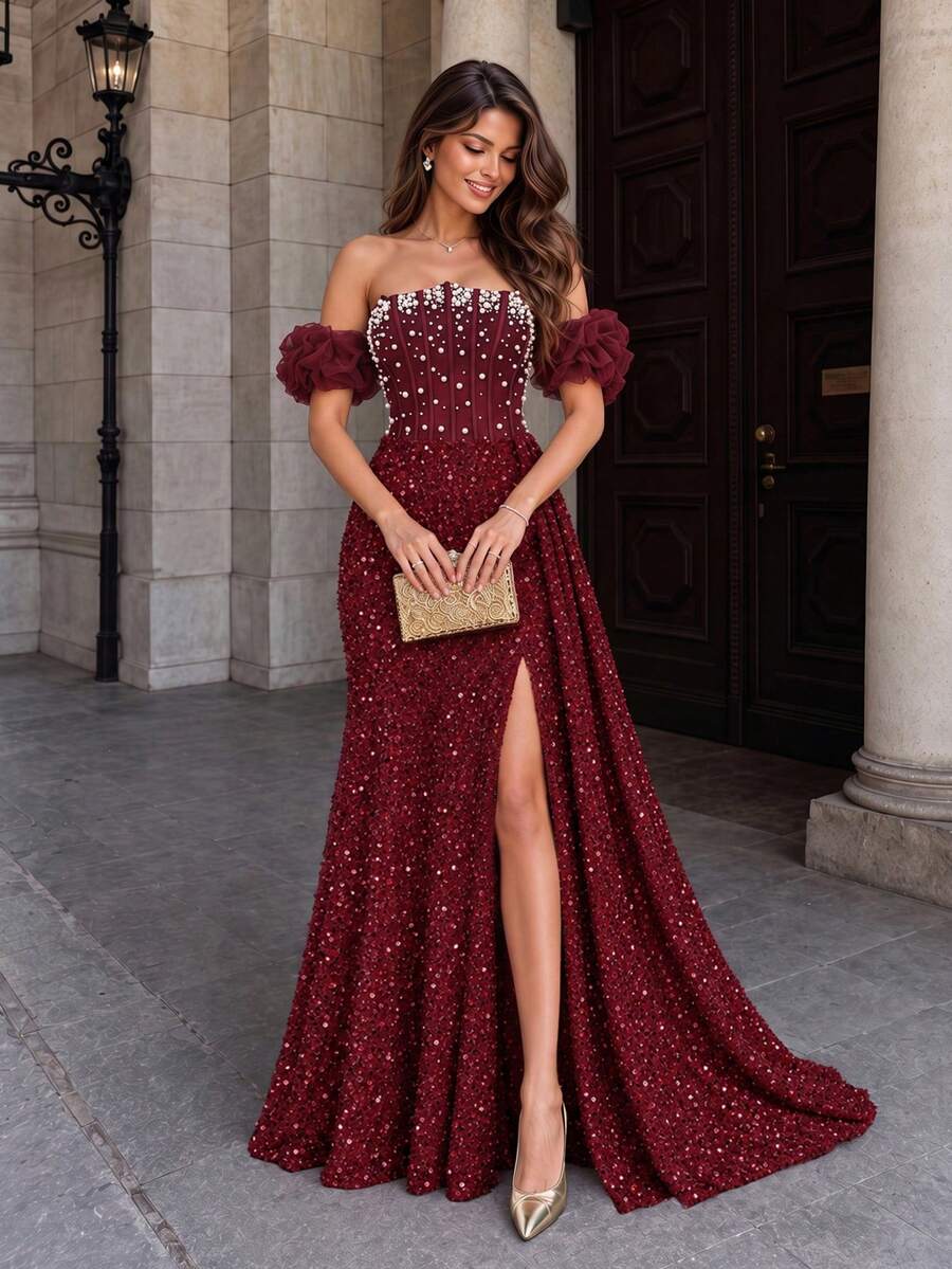 VIPGIRL Wine Red Cold Shoulder Pearl Beaded Fitted Corset Sequin High Slit Lace-Up Backless Ruffle Sleeve A-Line Floor Length Ball Gown Evening Dress - Red - View 1