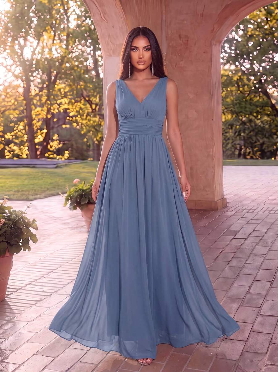 Elegant Chiffon V-Neck Sleeveless Ruched Long Formal Slate Blue Bridesmaid Dress Fall Wedding