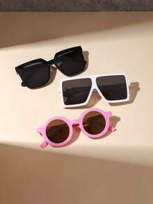 1set 3pcs 3-8Y Kids Oversized Square & Round PC Frame Glasses, Solid Color Minimalist Eyewear For Party Daily Outdoor With Glasses Box - Multicolor - View 3