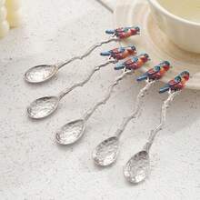 Luxury Parrot Teaspoon Set, 5-Piece Dessert Spoons For Elegant Tea Parties, Refined Table Setting For Bridal Showers, Celebrations & Special Gifts - Silver - View 1