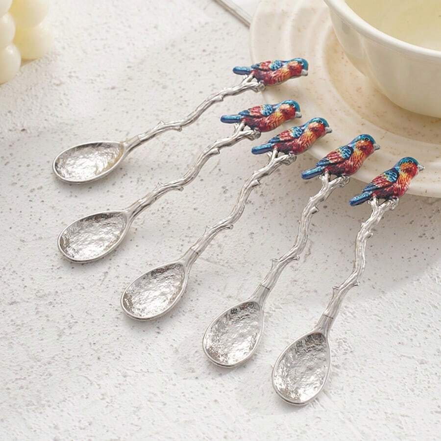 Luxury Parrot Teaspoon Set, 5-Piece Dessert Spoons For Elegant Tea Parties, Refined Table Setting For Bridal Showers, Celebrations & Special Gifts - Silver - View 1