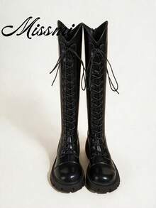 2024 New Mid-Calf/Knee-High Lace-Up Boots For Women, Summer/Early Autumn,Party - Black - View 2