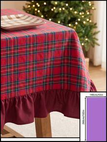 1pc Red Background Green & Black Plaid Tablecloth, Christmas Holiday Style Fabric Material, Rectangular With Scalloped Hem Design, Decorative Tablecloth For Christmas And Winter Home Decor - Red - View 13