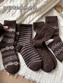 1/4/8 Pairs Women'S Vintage Brown Mid-Calf Socks With Snowflake, Cable, Or Stripe Patterns. Perfect For Fall And Winter-Great With Snow Boots Or Retro Dresses - Multicolor - View 9
