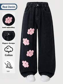 1pc Girls' Black Wide Leg Denim Jeans, Elastic Waist Cute Paw Print Loose Straight Leg Long Pants, Sweet Casual Style - Black - View 3