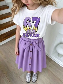 Tween Girl Cartoon Print Short Sleeve Top And Mini Skirt 2 Pieces Set - White - View 1
