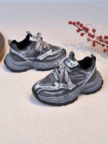 Children's Silver Thick Sole Sports Shoes, Breathable Mesh Upper, Dual Closure System, Comfortable Casual Shoes, Suitable For Spring And Autumn - Black - View 6