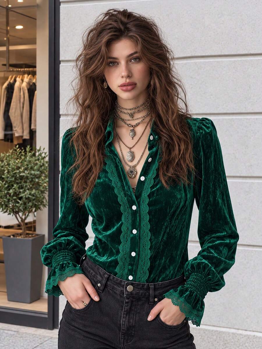 Plus Size Women's Elegant Velvet Blouse, French Vintage Lace Trim Bell Sleeve, Solid Color Front Button Lace Patchwork Long Sleeve Top, Suitable For Office