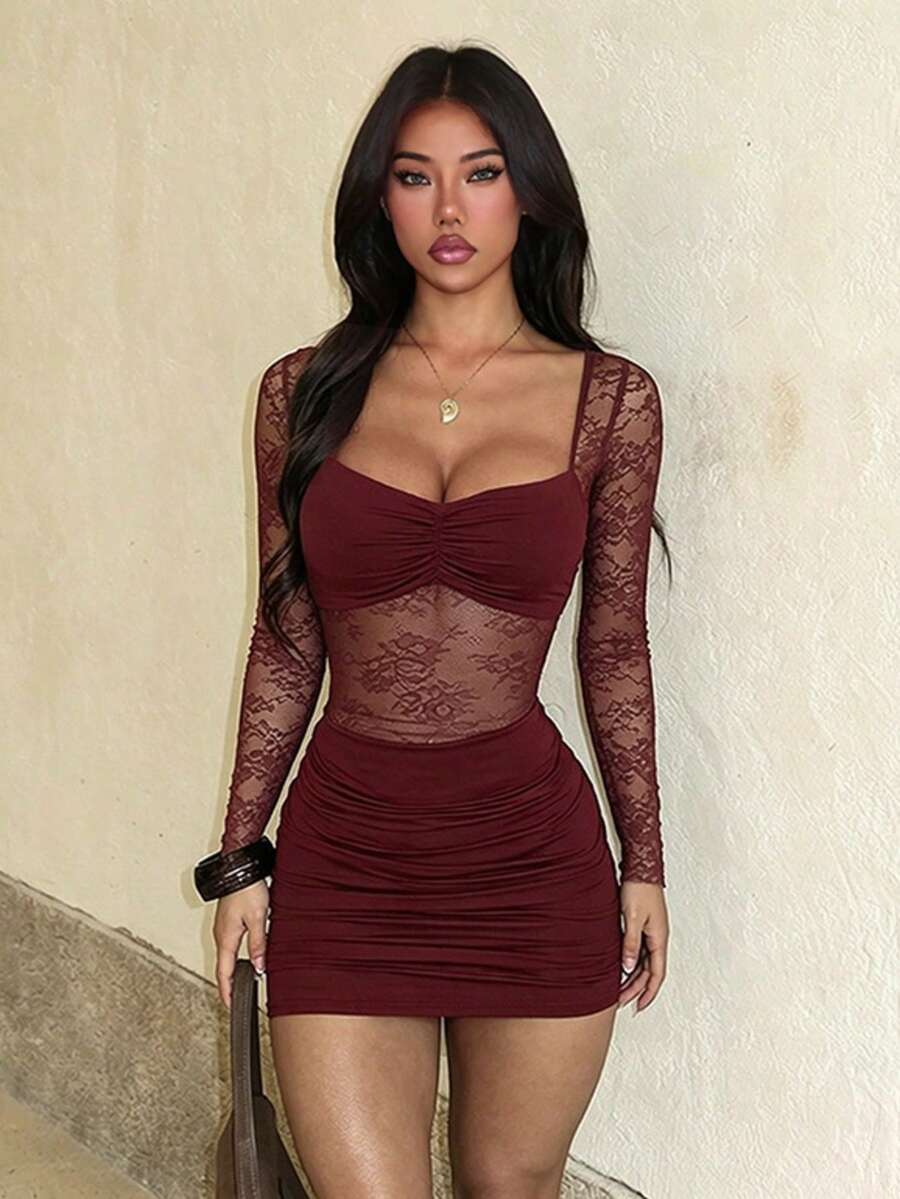 女款秋季酒紅色蕾絲長袖迷你洋裝，性感派對生日度假返校穿搭