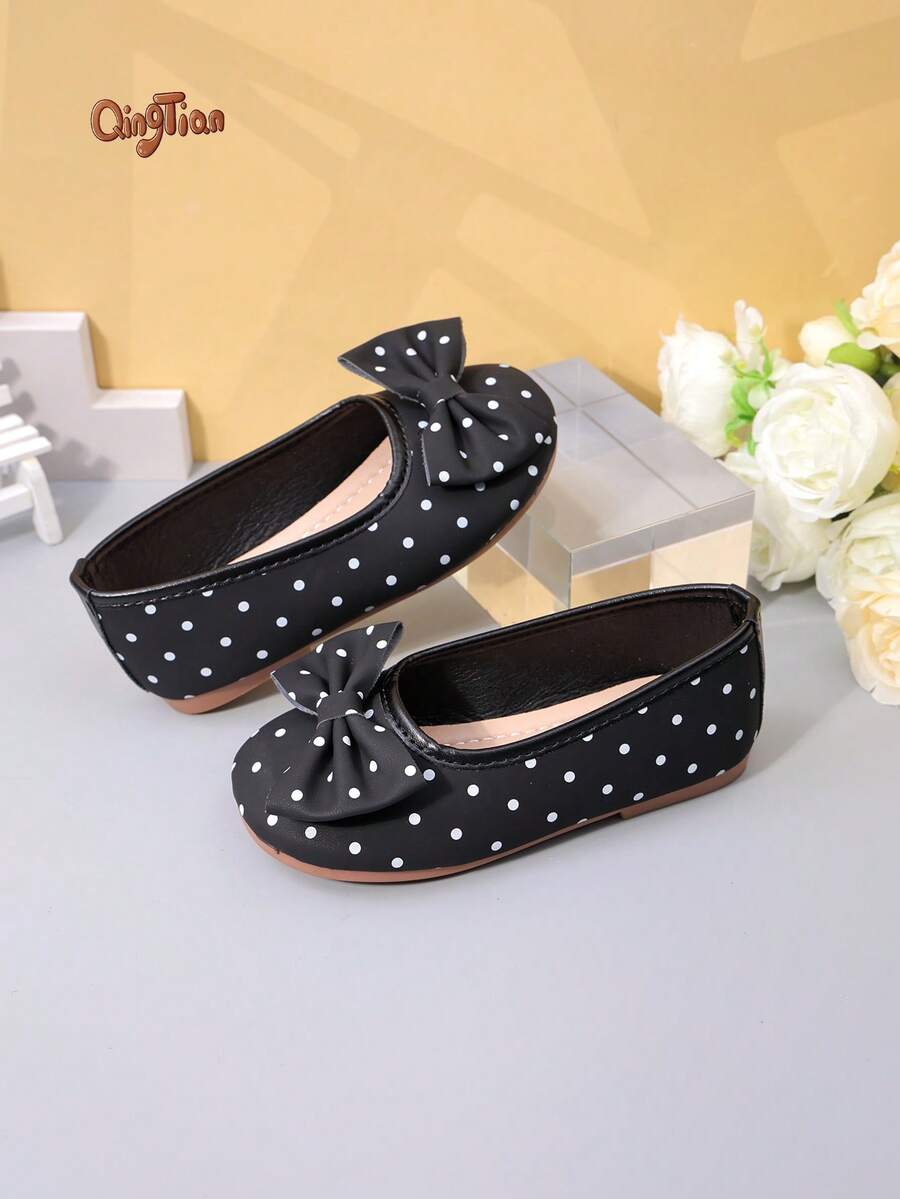 1 Pair Black Girls' Polka Dot Print Bow Decor PU Material Round Toe Slip-On Flat Sweet Princess Shoes Suitable For Daily Wear, Party, Performance 2026 New Style - Black - View 1
