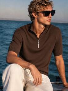 Camvyn Men's Summer Fashion Versatile Airplane Collar Zipper Design Short Sleeve Knit Sweater, Suitable For Commuting, Daily Casual Wear - Brown - View 1