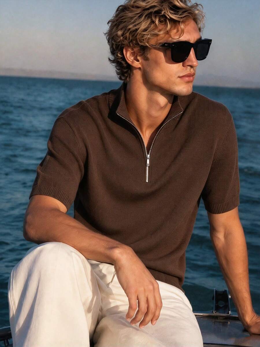 Camvyn Men's Summer Fashion Versatile Airplane Collar Zipper Design Short Sleeve Knit Sweater, Suitable For Commuting, Daily Casual Wear - Brown - View 1