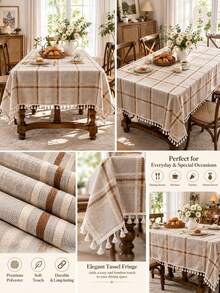 Bubaba Brown Plaid Tassel Tablecloth, Rustic Farmhouse Style Rectangular Tablecloth, Linen Texture Dining Tablecloth, Suitable For Kitchen, Dining Room, Party And Daily Home Decor - Multicolor - View 11
