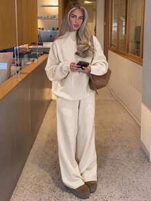 Women's Solid Color Long Sleeve Top And Pants Knit Set - Apricot - View 5