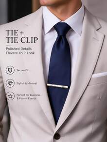 1 Set 8cm Men's Matte Non-Glossy Tie, Business Fashion High-End Elegant Versatile Necktie With Tie Clip Accessory, Suitable For Wedding, Work, Interview, Party, Family, Dinner - Navy Blue - View 2
