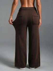 Women's Dark Brown Solid Knit Wide Leg Pants, Elastic High Waist Back Pockets Casual All-Match Daily Wear Long Trousers - Coffee Brown - View 1