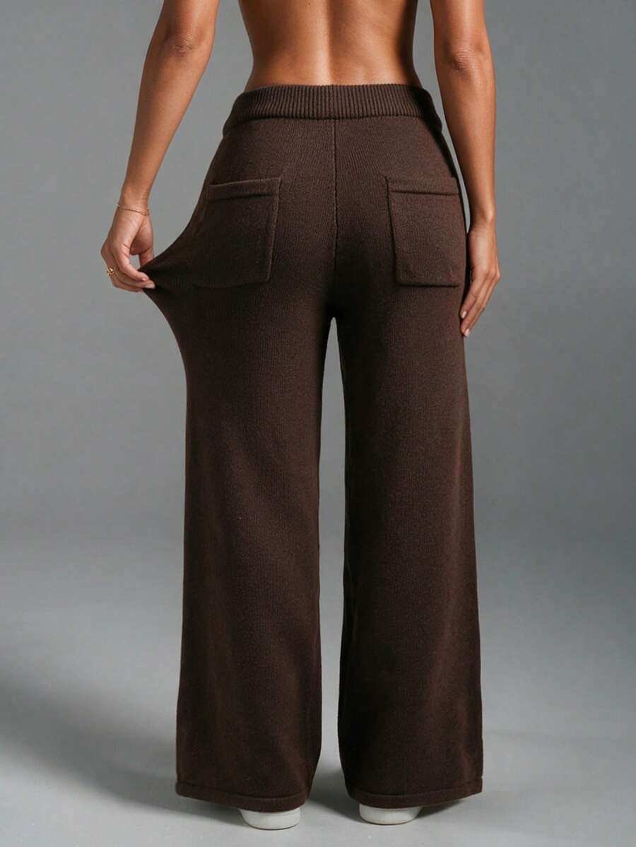 Women's Dark Brown Solid Knit Wide Leg Pants, Elastic High Waist Back Pockets Casual All-Match Daily Wear Long Trousers - Coffee Brown - View 1