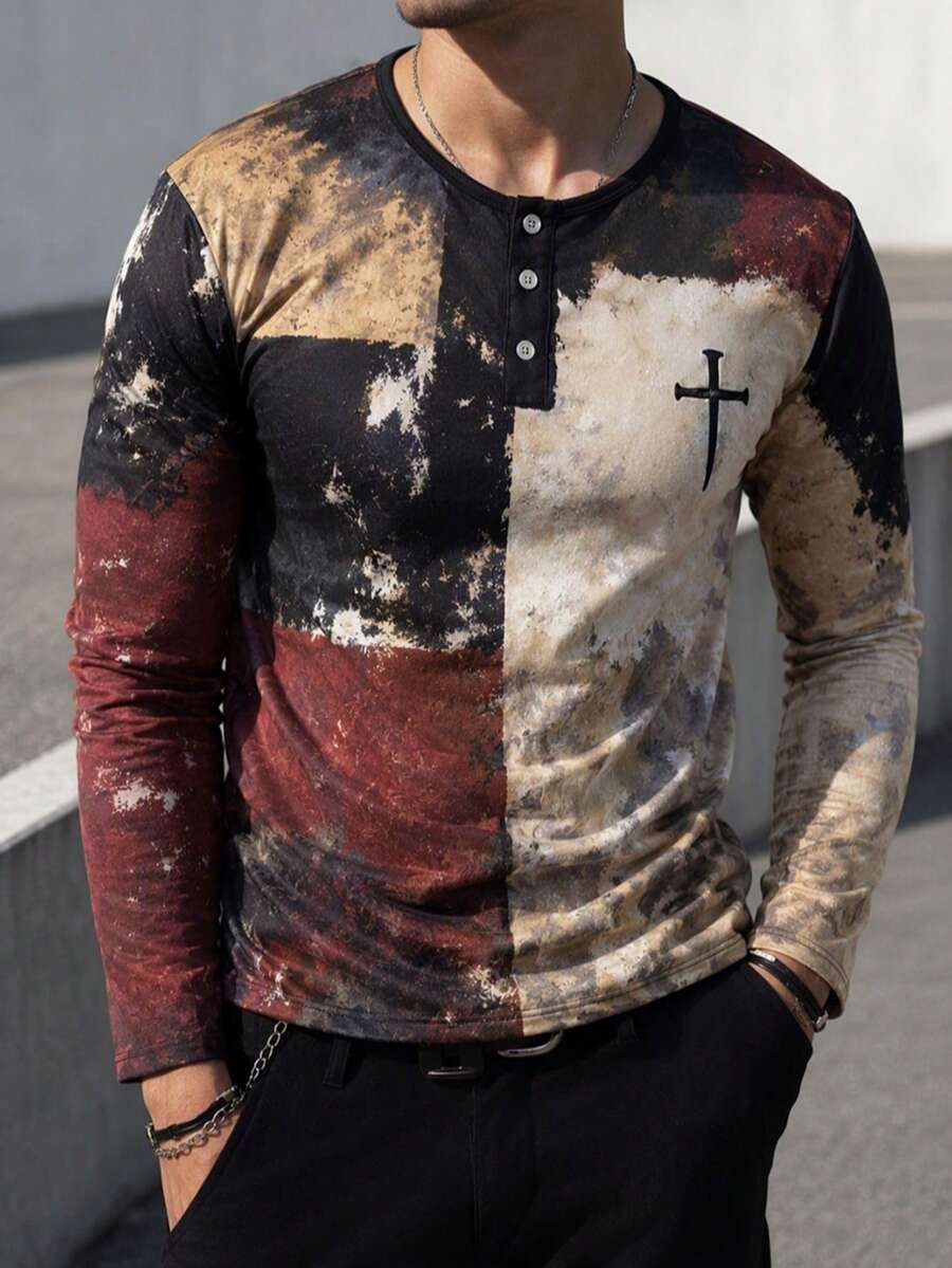 Men's New Autumn/Winter Retro Patchwork Pattern T-Shirt, Jesus Cross Faith Graphic Button Long Sleeve T-Shirt Suitable For Daily Wear - Multicolor - View 1
