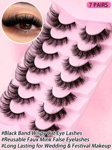 7 Pairs Black False Eyelashes, Lightweight Cat Eye Style, Voluminous Flared Strip Lashes, Reusable, Suitable For Glamorous Eye Makeup, Daily Wear, Dates, Parties, Christmas And Holiday Looks - Black - View 5
