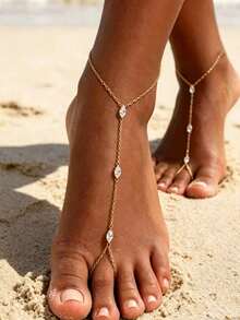 Exotic Vintage Sexy Fashion Multi-Layer Mesh Tassel Beaded Toe Ring Anklet Jewelry, Summer Beach Vacation Accessory, Wedding Party Accessory Gift (Avoid Contact With Water) - Gold - View 15