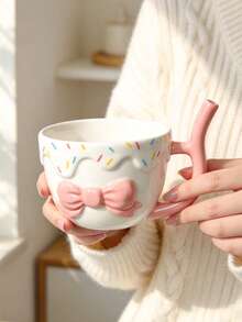 1pc Creative Embossed Bow Mug, Coffee Cup, Straw Handle Design, Ceramic Straw Cup, Cola Cup, Cold Drink Cup, Breakfast Soy Milk Cup, Hand Wash Only, Reusable, Ideal Gift - Multicolor - View 12