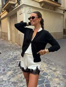 Elegant Black Long Sleeve Cardigan For Women Rib-Knit Button Front Regular Fit Versatile Outerwear - Black - View 2