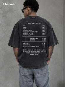 Hemo, Men's Washed Vintage Funny Letter & Cartoon Character Print Round Neck Short Sleeve T-Shirt - Black - View 1