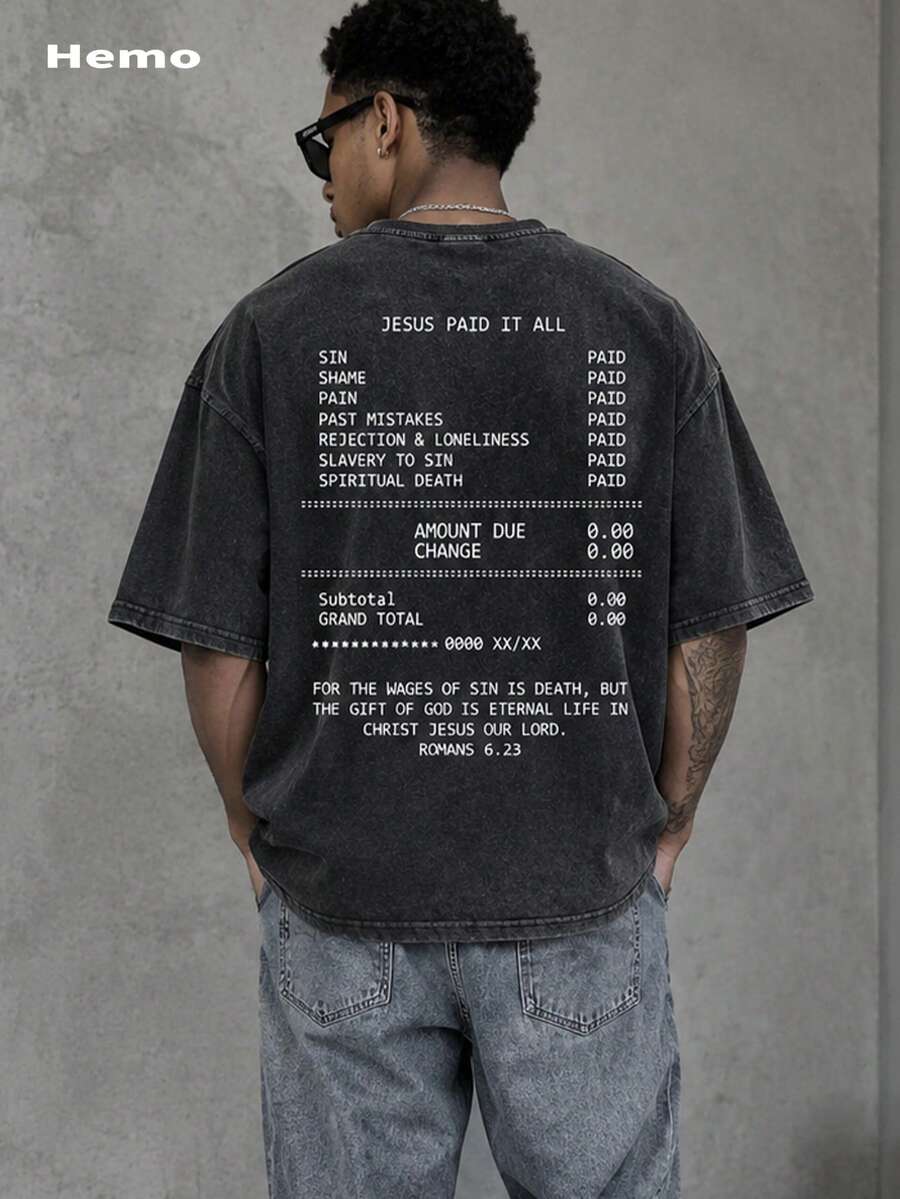 Hemo, Men's Washed Vintage Funny Letter & Cartoon Character Print Round Neck Short Sleeve T-Shirt - Black - View 1