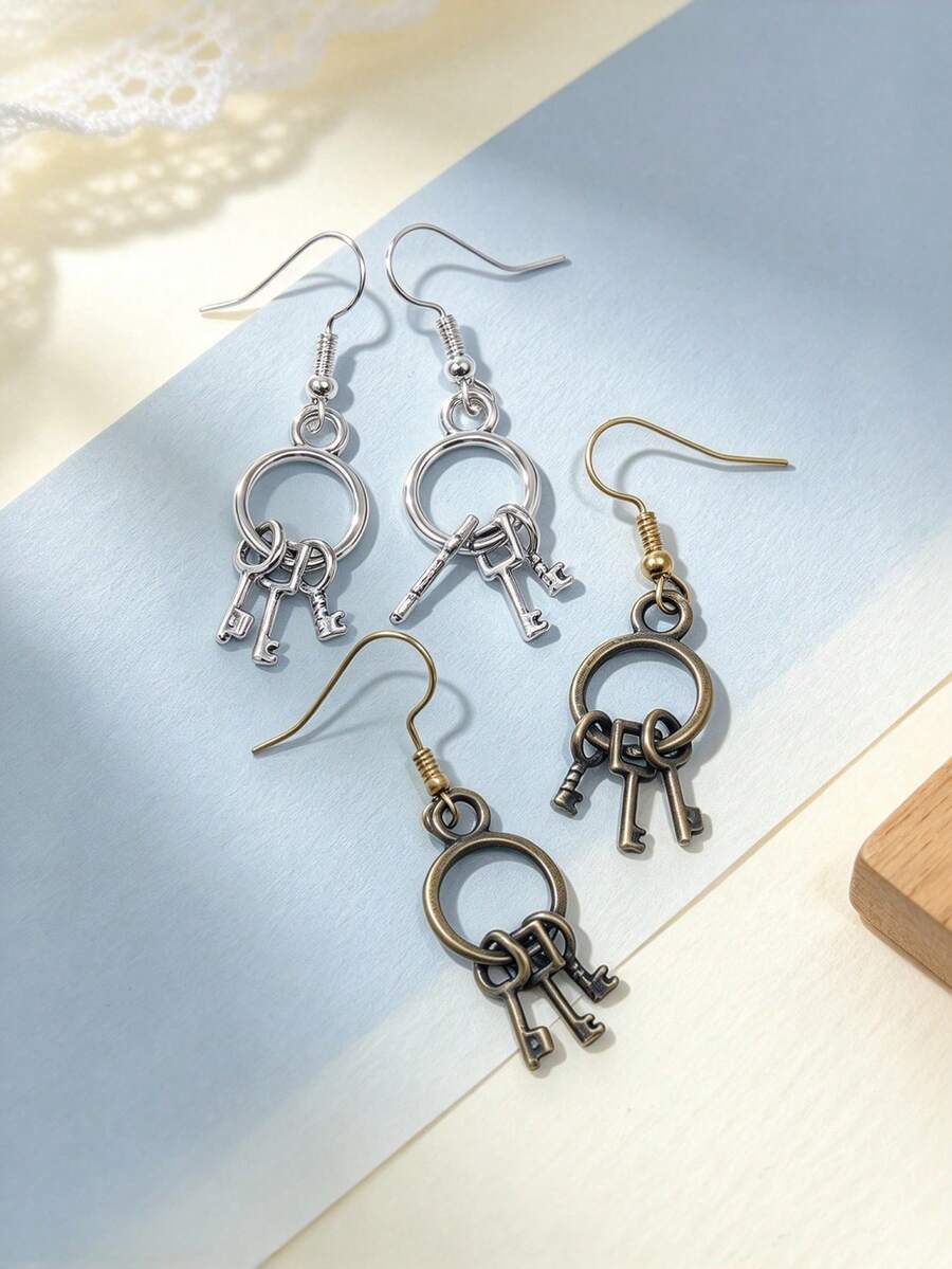 Vintage Housekeeper Key Ring Dangle Earrings, Old Manor Antique Multi‑Skeleton Key Drop Hook Earrings, Retro Gothic Mansion Key Charm Jewelry - Key - View 1
