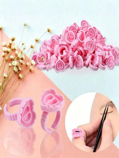 100/50/20/10pcs Disposable Pink Heart & Triangle Shaped Eyelash Extension Finger Ring Cups With Dropper Tips, Suitable For Eyelash Extensions And Microblading