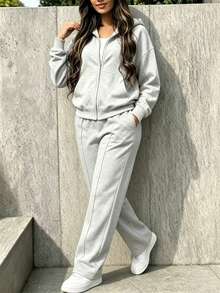 Autumn Fashion Plus Size Women's New Solid Color Casual Sporty Chic Top & Loose Elastic Waist Long Pants 2 Pieces Set, Slimming And Flattering, Suitable For Workout, Running, Airport Outfit, Home Wear, Effortless Stylish Comfortable Travel Winter Clothing - Light Grey - View 3