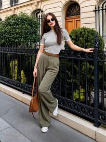 Women's High Waist Pleated Wide Leg Pants, Autumn Casual Solid Color Loose Long Pants, Office Commute Straight Leg Trousers - Olive Green - View 4
