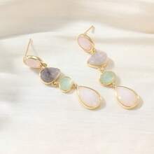 Women Golden Long Drop Earrings, Colorful Synthetic Zirconia Decor, Stylish Wedding Accessory & Jewelry Gift - Multicolor - View 3