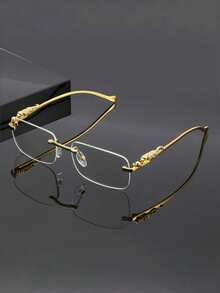 Vintage Gold Rimless Glasses, Leopard Print Design, Elegant Casual Style, Suitable For Daily Wear - Multicolor - View 3