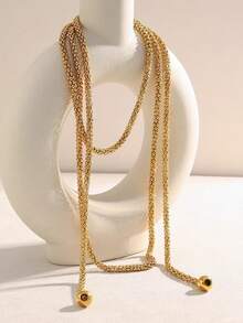 1pc Vintage Sexy European & American Style Beaded Pendant Thick Chain Long Necklace, Lightweight Multi-Layer Collarbone Chain, Suitable For Daily And Party Wear, Matches Deep V-Neck Tops - Gold - View 2