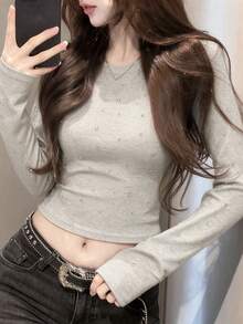 韓式女款滿鑽長袖短版上衣，重裝飾修身收腰緊身百搭打底T恤 - 淺灰色 - 查看 6