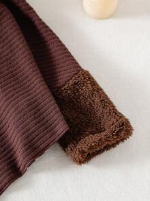Baby Girl Maillard Style Plush Patchwork Set, Autumn/Winter High Neck Asymmetric Hem Top And Ribbed Plush Flare Pants, Vintage Chic 2 Pieces Outfit - Brown - View 4