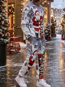 Men's Autumn/Winter Christmas Holiday Atmosphere Cartoon Santa Claus & Christmas Tree Print Crew Neck Sweatshirt & Sweatpants Set - Multicolor - View 5
