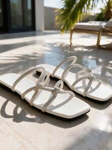 Summer New Luxury Flat Sandals, Cross Strap And Rhinestone Design, Slim Fit And Comfortable, Suitable For Outdoor, Travel, Commuting - White - View 3