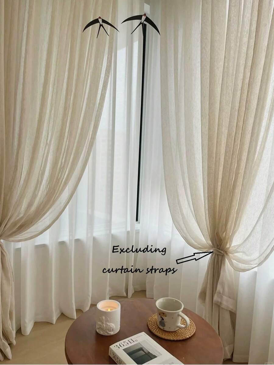 1PC French Cream Style Linen Sheer Curtain, Living Room Bedroom Vintage High-End Japanese Linen Window Sheer - Multicolor - View 1