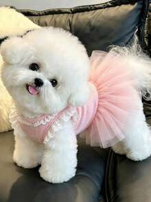 Puppy Princess Ballet Dress, 3D Butterfly Decor Sleeveless Ribbed Pet Dress, Sweet Puppy Party Outfit, Suitable For Maltese And Bichon - Pink - View 3