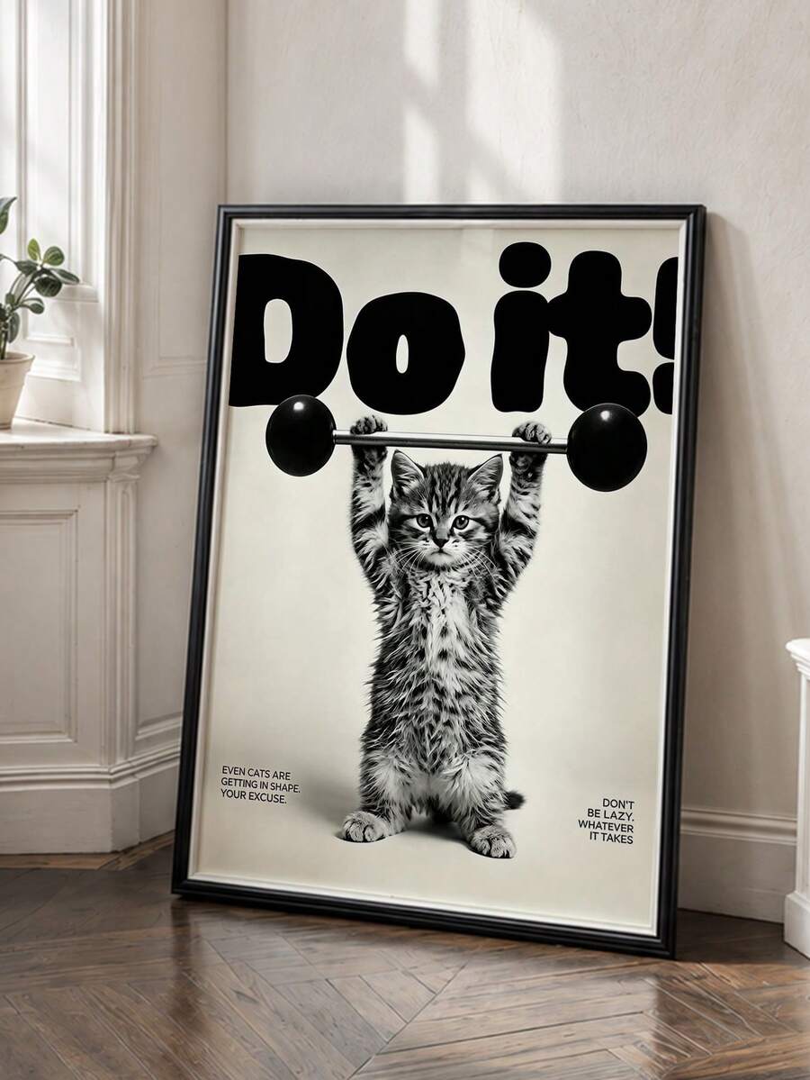 1pc Frameless Wall Poster, Cat Fitness Poster - Kitten Lifting Weights Inspirational Print, Fun Gym Home Wall Art - Text a - View 1