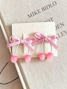 2pcs Decorated With Plump Pink Cherry Pendants And Sweet Bowknots. Soft Elastic Band, Stretchy And Not Easy To Break. Pretty Preppy Style. - Multicolor - View 5