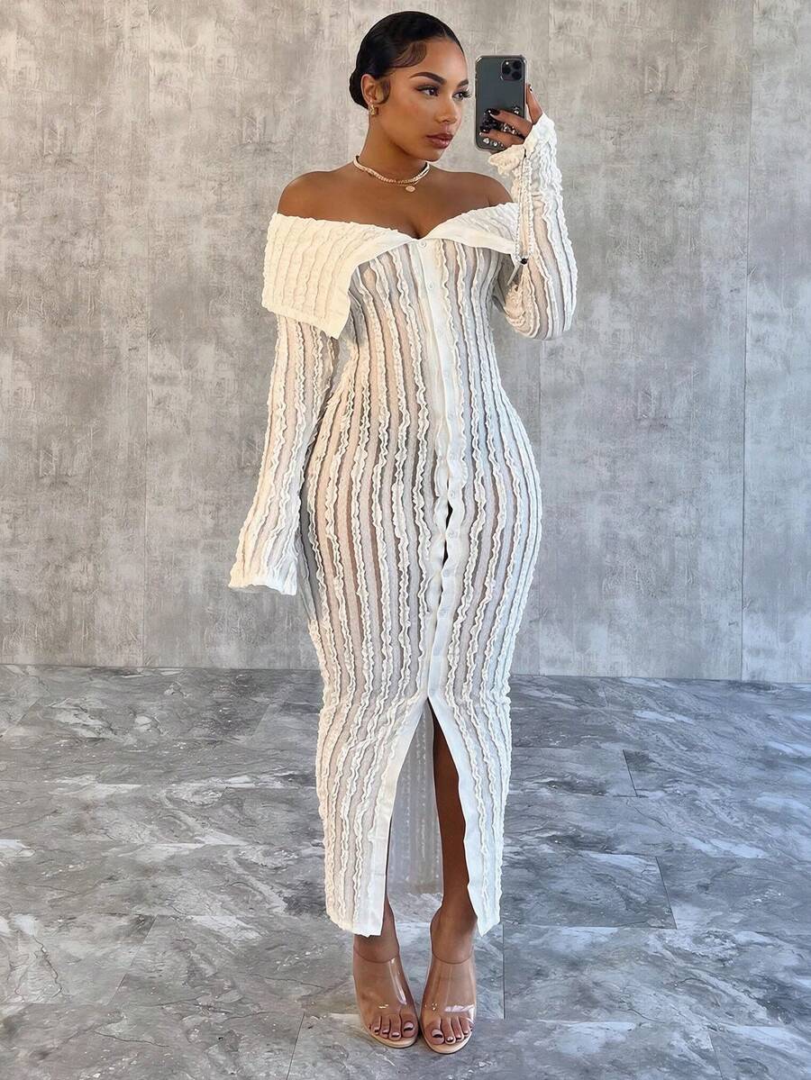 Women's Off-Shoulder Long Sleeve Knitted Dress White Summer Elegant - White - View 1