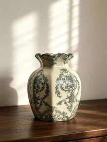 1pc Vintage Green Floral Ceramic Vase, Polygonal Body + Wavy Rim, Suitable For Living Room, Dining Table, Entryway And Other Spaces, Can Be Paired With Fresh Flowers Or Artificial Flowers, Combines Decorative And Practical Functions, Suitable As Housewarming Gift, Father's Day, Mother's Day, Couples, Friends, Elders, Teachers, Colleagues And Other All-Population Gifting Occasions - Multicolor - View 6