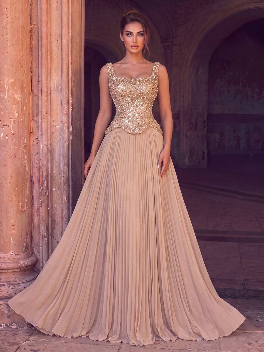 Women's Charming Spaghetti Strap Maxi Dress, Decorated With Sequin And Pearl Details, Pleated Hem, Suitable For Party, Event, Gathering, Celebration - Champagne - View 1