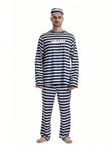 1 Set Halloween Cosplay Anime Prisoner Costume Classic Striped Prisoner Stage Outfit Performance Costume Men's Prisoner Outfit - Black and White - View 5