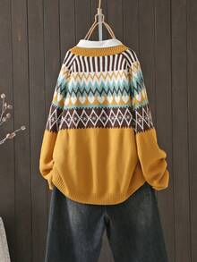Cárdigan de manga larga con patrón geométrico, informal para otoño/invierno, talla grande - Amarillo - Ver 2