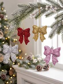 4Pcs Gift Box Set Christmas Bow Hanging Ornaments, Shiny Metallic Bowknot Pendant For Christmas Tree, Kids Holiday & Party Decor - Multicolor - View 4
