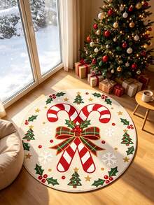 1pc, Christmas Theme Round Rug, Candy Cane & Holly Berry Pattern Design, Christmas Decoration, Garden And Patio Area Rug, Room Decor, Christmas Gift Decoration, Seasonal Decorative Mat, Holiday Design, Christmas Ornament, Perfect Christmas Gift, Perfect For Christmas And New Year Celebration, Decorative Rug, Bedroom Decor, Small Rug, Rug, Home Decor, Living Room Rug, Living Room Small Rug - Christmas - View 2